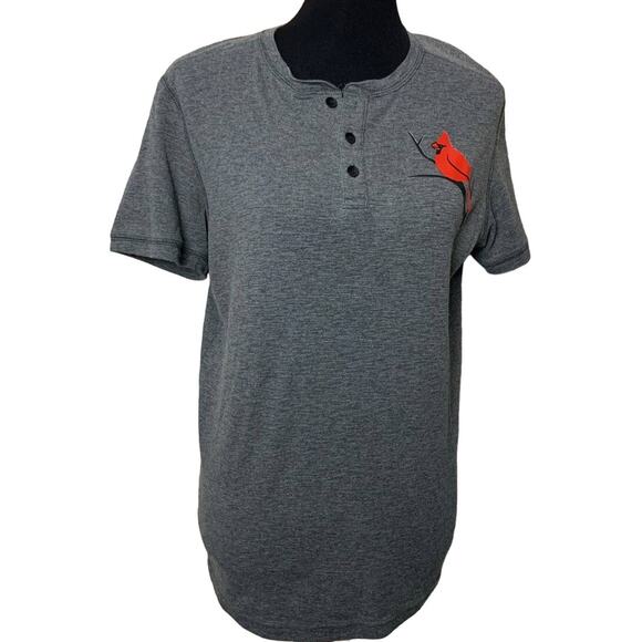 Hand Printed Upcycled Womens Medium Cardinal Short Sleeve 1/4 Button Soft Top - Picture 1 of 4